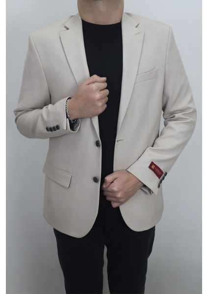Fistan Store Erkek Krem Düz Spor Kesim Normal Kalıp Çift Düğme Çift Yırtmaçlı Blazer Ceket