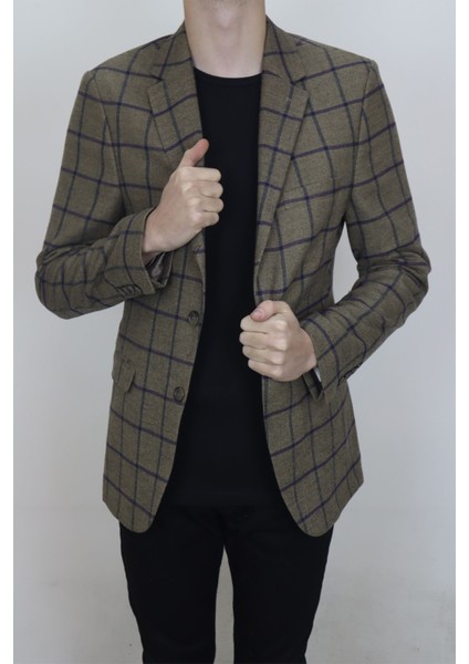Fistan Store Erkek Haki Yeşil Ekose Kareli Italyan Kesim Dar Kalıp Çift Düğme Kışlık Blazer Ceket