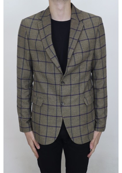 Fistan Store Erkek Haki Yeşil Ekose Kareli Italyan Kesim Dar Kalıp Çift Düğme Kışlık Blazer Ceket
