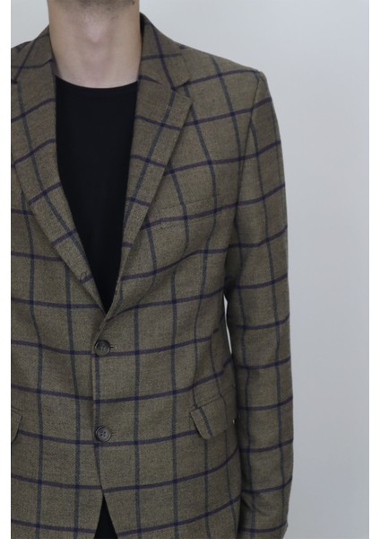 Fistan Store Erkek Haki Yeşil Ekose Kareli Italyan Kesim Dar Kalıp Çift Düğme Kışlık Blazer Ceket