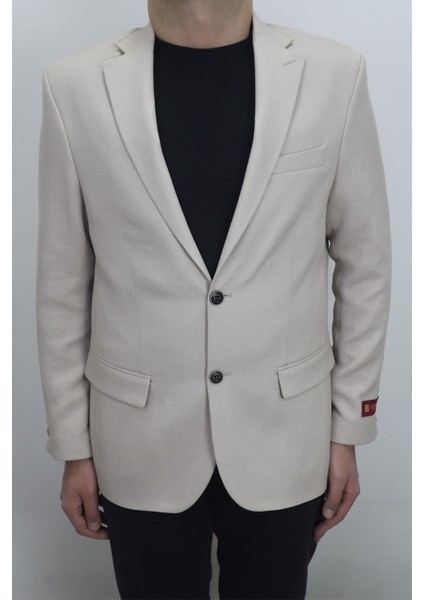 Fistan Store Erkek Krem Düz Spor Kesim Normal Kalıp Çift Düğme Çift Yırtmaçlı Blazer Ceket