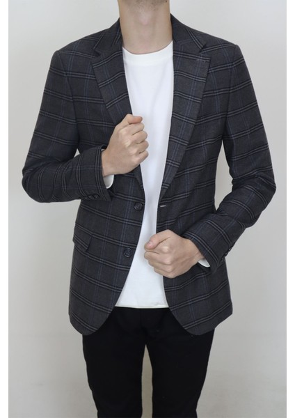Fistan Store Erkek Füme Ekose Kareli Italyan Kesim Dar Kalıp Çift Düğme Kışlık Blazer Ceket