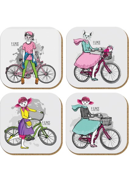 Gift Hediyelik Metal Mantar Tabanlı I Like To Ride A Bike Kedili 4'lü Bardak Altlığı Seti