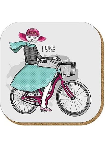 Gift Hediyelik Metal Mantar Tabanlı I Like To Ride A Bike Kedili 4'lü Bardak Altlığı Seti