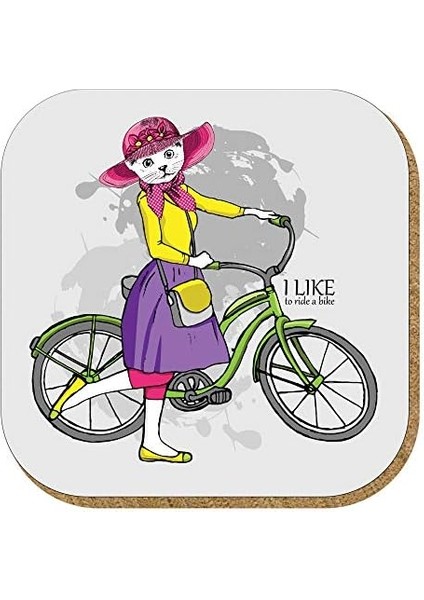 Gift Hediyelik Metal Mantar Tabanlı I Like To Ride A Bike Kedili 4'lü Bardak Altlığı Seti
