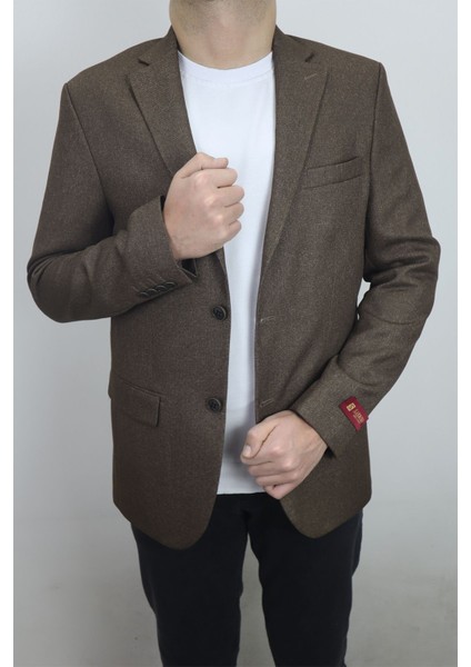 Fistan Store Erkek Kahverengi Düz Spor Kesim Normal Kalıp Çift Düğme Çift Yırtmaçlı Blazer Ceket