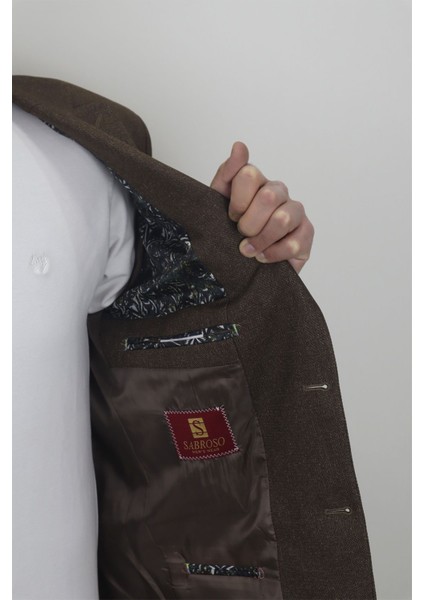 Fistan Store Erkek Kahverengi Düz Spor Kesim Normal Kalıp Çift Düğme Çift Yırtmaçlı Blazer Ceket