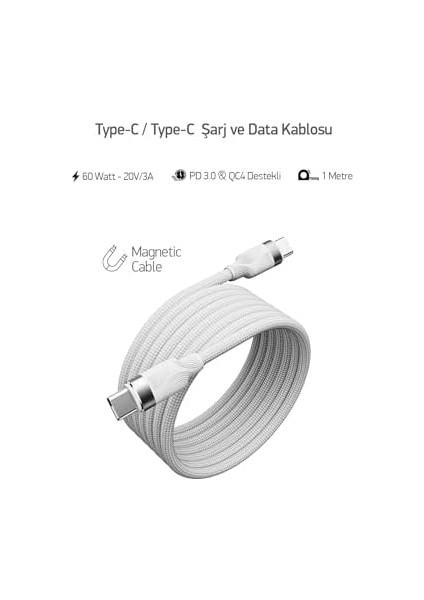 Örgülü Mıknatıslı 60W Type-C To Type-C 1mt Data ve Şarj Kablosu Spk-13