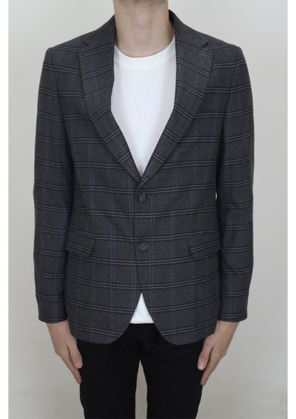 Fistan Store Erkek Füme Ekose Kareli Italyan Kesim Dar Kalıp Çift Düğme Kışlık Blazer Ceket