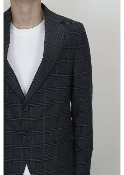 Fistan Store Erkek Füme Ekose Kareli Italyan Kesim Dar Kalıp Çift Düğme Kışlık Blazer Ceket