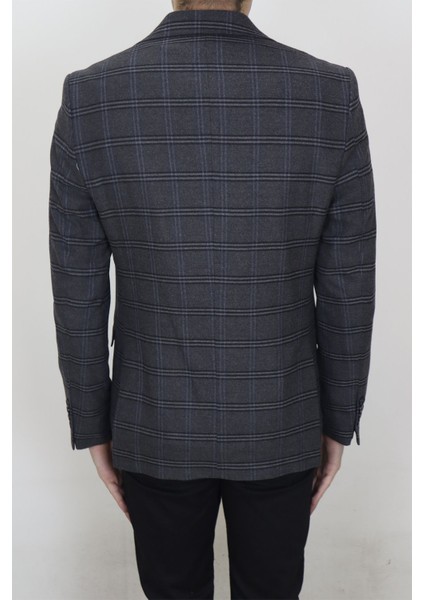 Fistan Store Erkek Füme Ekose Kareli Italyan Kesim Dar Kalıp Çift Düğme Kışlık Blazer Ceket