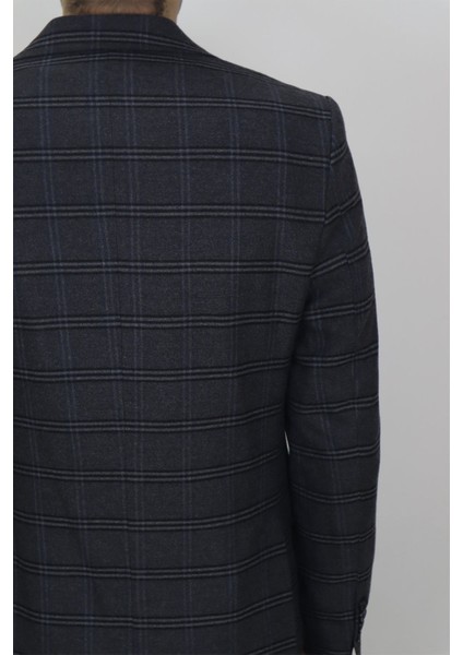 Fistan Store Erkek Füme Ekose Kareli Italyan Kesim Dar Kalıp Çift Düğme Kışlık Blazer Ceket