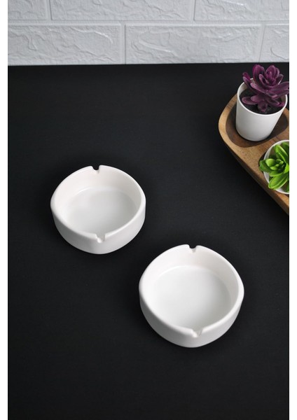 2 Adet Mat Seramik Kül Tablası Sade Yuvarlak Kül Tabağı Küllük 10 cm (Beyaz)