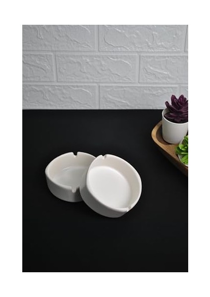 2 Adet Mat Seramik Kül Tablası Sade Yuvarlak Kül Tabağı Küllük 10 cm (Beyaz)