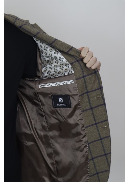 Fistan Store Erkek Haki Yeşil Ekose Kareli Italyan Kesim Dar Kalıp Çift Düğme Kışlık Blazer Ceket