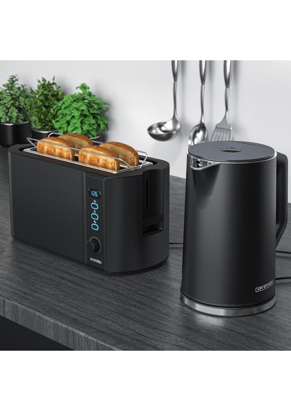 Su Isıtıcısı ve 4 Dilimlik Ekmek Kızartma Makinesi Seti, Paslanmaz Çelik, 1,5l, 40°–100°C, LED Ekranlı 6 Kademe