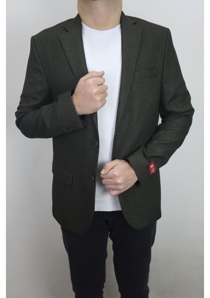 Fistan Store Erkek Haki Yeşil Düz Spor Kesim Normal Kalıp Çift Düğme Çift Yırtmaçlı Blazer Ceket