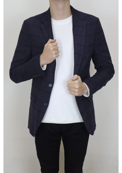 Fistan Store Erkek Lacivert Ekose Kareli Italyan Kesim Dar Kalıp Çift Düğme Kışlık Blazer Ceket