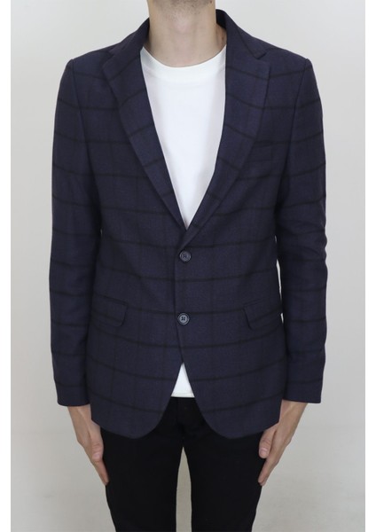 Fistan Store Erkek Lacivert Ekose Kareli Italyan Kesim Dar Kalıp Çift Düğme Kışlık Blazer Ceket