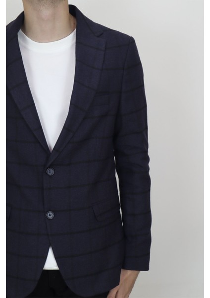 Fistan Store Erkek Lacivert Ekose Kareli Italyan Kesim Dar Kalıp Çift Düğme Kışlık Blazer Ceket