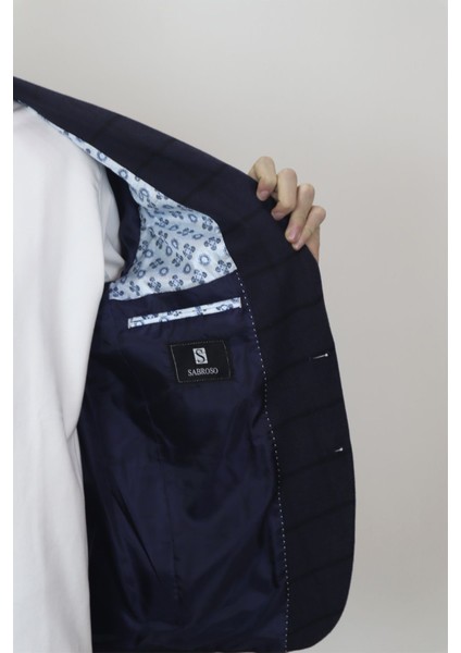 Fistan Store Erkek Lacivert Ekose Kareli Italyan Kesim Dar Kalıp Çift Düğme Kışlık Blazer Ceket