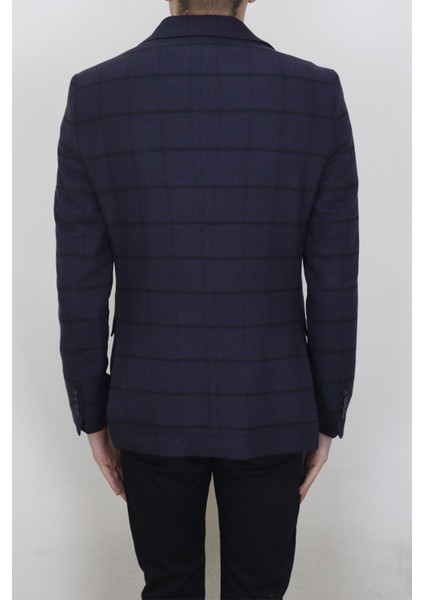 Fistan Store Erkek Lacivert Ekose Kareli Italyan Kesim Dar Kalıp Çift Düğme Kışlık Blazer Ceket