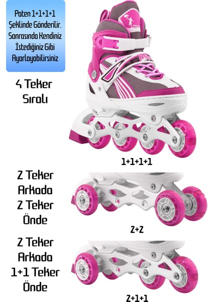 Metal Taban Paten Işıklı Ayarlanabilir Tekerli ve Bedenli Alıştırma Çocuk Genç Pateni Pembe 8780 34-37