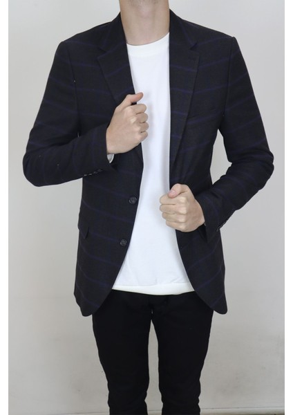Fistan Store Erkek Siyah Ekose Kareli Italyan Kesim Dar Kalıp Çift Düğme Kışlık Blazer Ceket