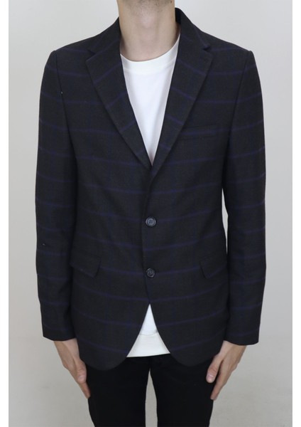 Fistan Store Erkek Siyah Ekose Kareli Italyan Kesim Dar Kalıp Çift Düğme Kışlık Blazer Ceket