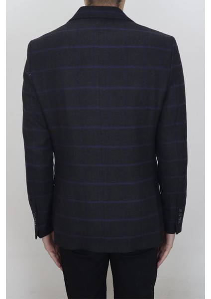 Fistan Store Erkek Siyah Ekose Kareli Italyan Kesim Dar Kalıp Çift Düğme Kışlık Blazer Ceket