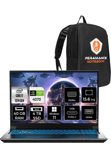 Deputy P60 Intel Core I7 13620H 40GB 4tb SSD RTX4070/8GB 15.6" Fhd 144Hz Windows 11 Home Taşınabilir Bilgisayar & Per4 Çanta MD62624P390