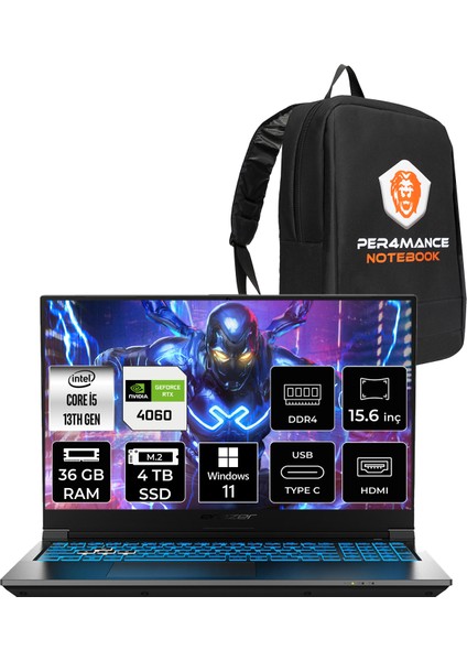 Deputy P60I Intel Core I5 13420H 36GB 4tb SSD RTX4060/8GB 15.6" Fhd 144Hz Windows 11 Pro Taşınabilir Bilgisayar & Per4 Çanta MD62747P435