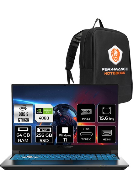 Deputy P60 Intel Core I5 12450H 64GB 256GB SSD RTX4060/8GB 15.6" Fhd 144Hz Windows 11 Pro Taşınabilir Bilgisayar & Per4 Çanta MD62594P446