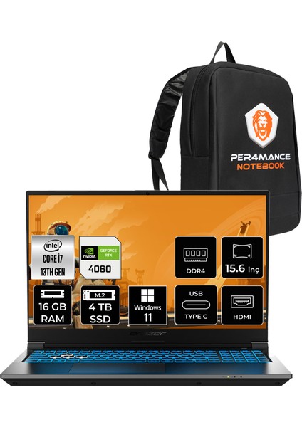 Deputy P60I Intel Core I7 13620H 16GB 4tb SSD RTX4060/8GB 15.6" Fhd 144Hz Windows 11 Home Taşınabilir Bilgisayar & Per4 Çanta MD62749P365