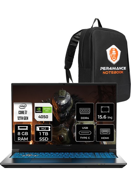 Crawler E50I Intel Core I7 12650H 8gb 1tb SSD RTX4050/6GB 15.6" Fhd 144Hz Fdos Taşınabilir Bilgisayar & Per4 Çanta MD600013P303
