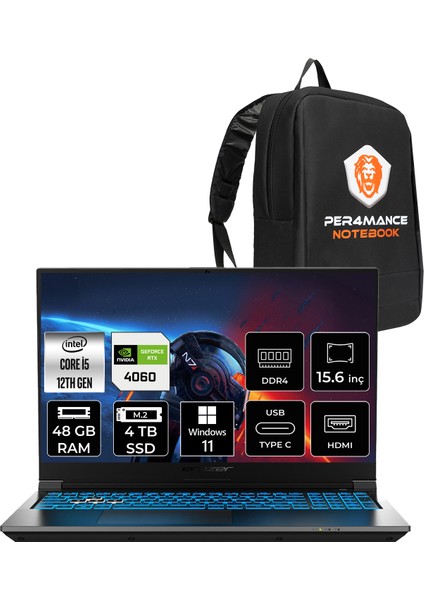 Deputy P60 Intel Core I5 12450H 48GB 4tb SSD RTX4060/8GB 15.6" Fhd 144Hz Windows 11 Home Taşınabilir Bilgisayar & Per4 Çanta MD62594P395