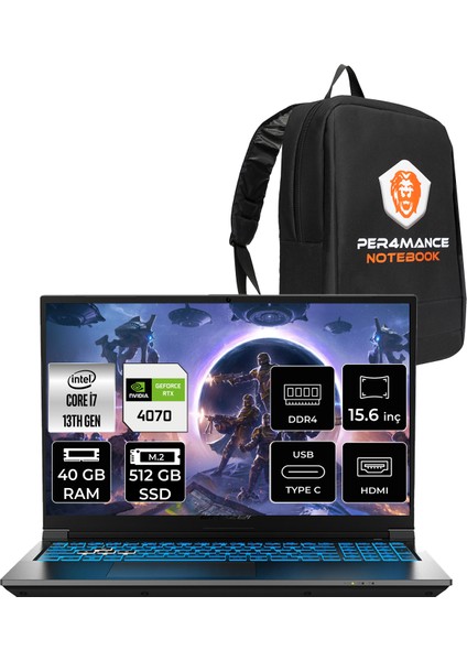 Deputy P60 Intel Core I7 13620H 40GB 512GB SSD RTX4070/8GB 15.6" Fhd 144Hz Freedos Taşınabilir Bilgisayar & Per4 Çanta MD62624P337