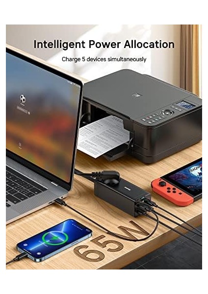 Hızlı Şarj Adaptörü 65W, Gan Iıı Type C Şarj Aleti Pd Çoklu Şarj Cihazı, 1 Ac Çıkışı+2 Usb-C+2usb-A Için iPhone 14/13 Pro Max, MacBook iPad Pro/air, Galaxy S22/S21, Steam Deck