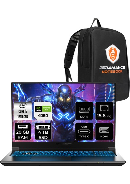 Deputy P60I Intel Core I5 13420H 20GB 4tb SSD RTX4060/8GB 15.6" Fhd 144Hz Freedos Taşınabilir Bilgisayar & Per4 Çanta MD62747P320