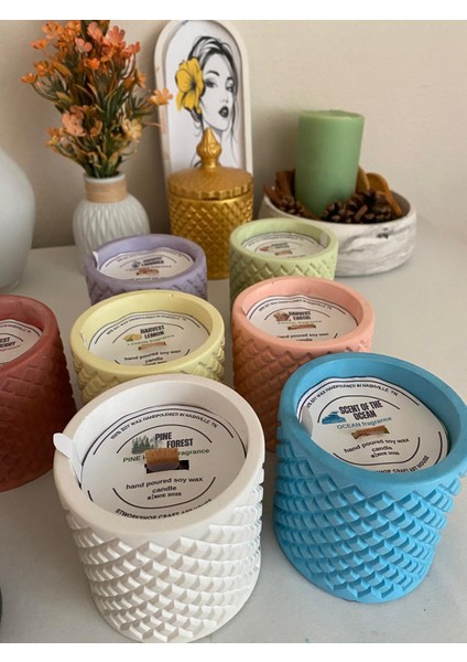 Dekoratif Çam Kokulu Beyaz Taş Kap Mum – 300G Doğal Soya Wax, Ahşap Fitilli, El Yapımı ve Vegan