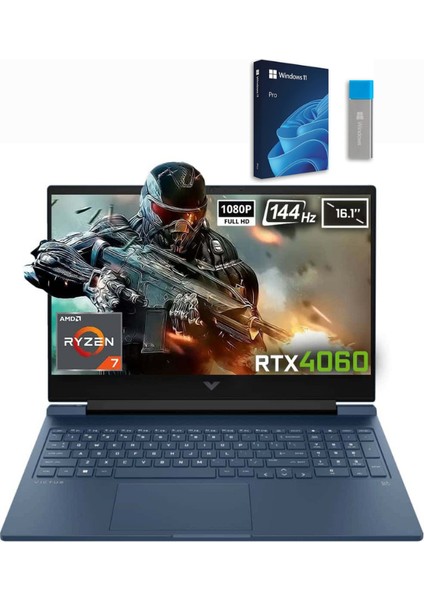 Victus 16-S0015NT Ryzen 7-7840HS 16GB Ddr5 1tb SSD RTX4060 8gb 16.1'' 144 Hz Fhd Gaming Laptop + Windows 11 Pro 64 Bit Türkçe USB Kutu Oem Taşınabilir Bilgisayar-7Z586EA161TB