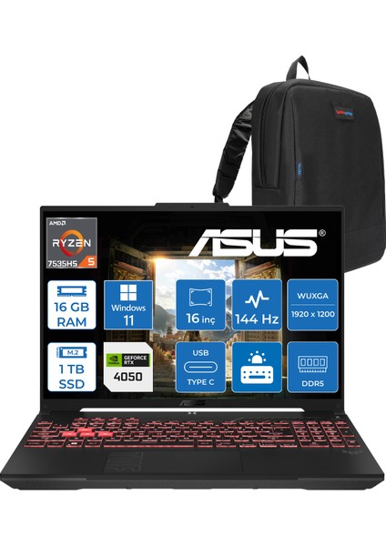 Tuf A16 FA607NU Amd Ryzen™ 5 7535HS 16GB Ddr5 1tb SSD 6GB/RTX4050 140W 16" FHD+(1920 x 1200, Wuxga) 144Hz Windows 11 Home Laptop WRL095H02+ZETTAÇANTA
