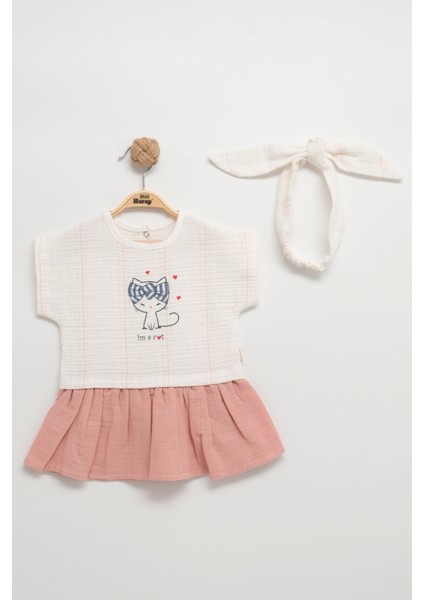 Sevimli Kedicikli Müslin Bandalı Kız Bebek Elbise Takımı (9-12-18 Ay)