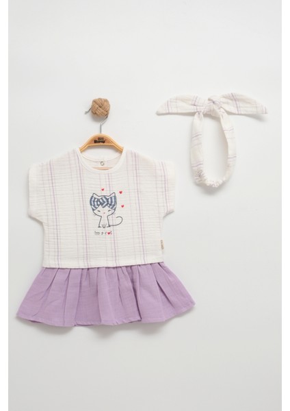 Sevimli Kedicikli Müslin Bandalı Kız Bebek Elbise Takımı (9-12-18 Ay)