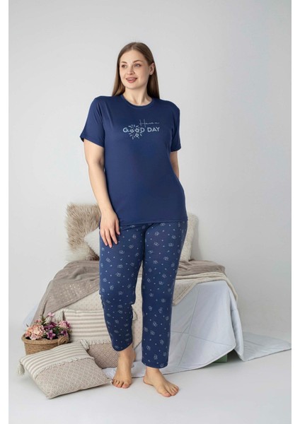 Kadın Bisiklet Yaka Düğmesiz Battal Kesim Viskon Yazlık Kısa Kol Büyük Beden Pijama Takımı