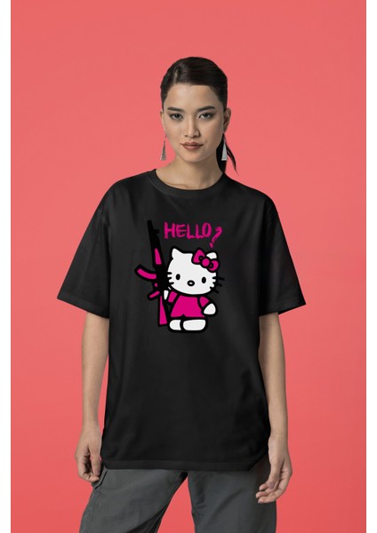 Oversize Unisex Yazılı Tişört – Hello Kitty Esintili Tasarım | Sokak Stili Baskılı Model