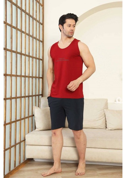 Erkek Bisiklet Yaka Düğmesiz %100 Pamuk Atlet Sporcu Kol Cepli Şortlu Pijama Takımı