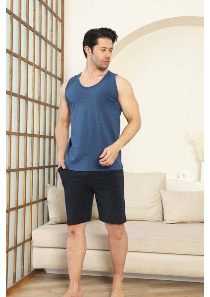 Erkek Bisiklet Yaka Düğmesiz %100 Pamuk Atlet Sporcu Kol Cepli Şortlu Pijama Takımı