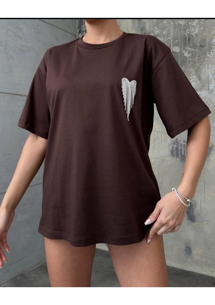 Kadın Kahverengi Taş Detaylı Oversize Kalıp T-Shirt