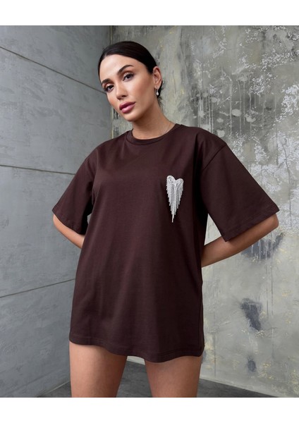 Kadın Kahverengi Taş Detaylı Oversize Kalıp T-Shirt